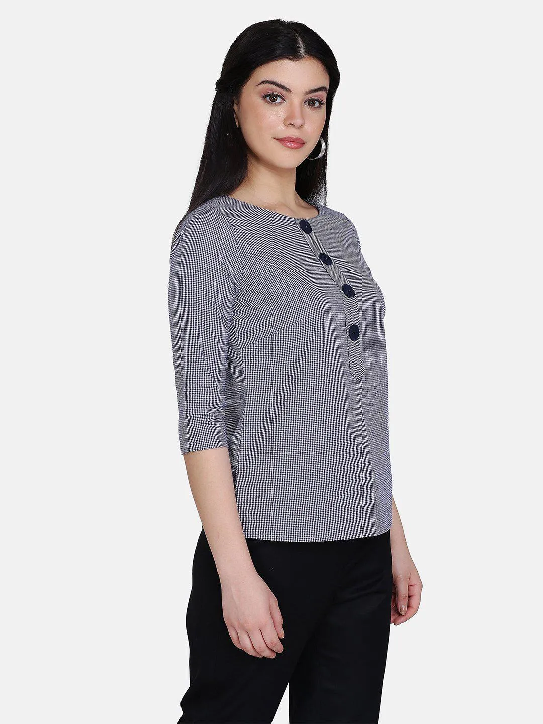 Shepherd's Check Cotton Top - Navy Blue